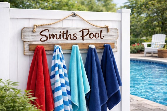 Rustic Hand Painted Wood Towel Rack, Farmhouse Pool Decor, Backyard Hooks