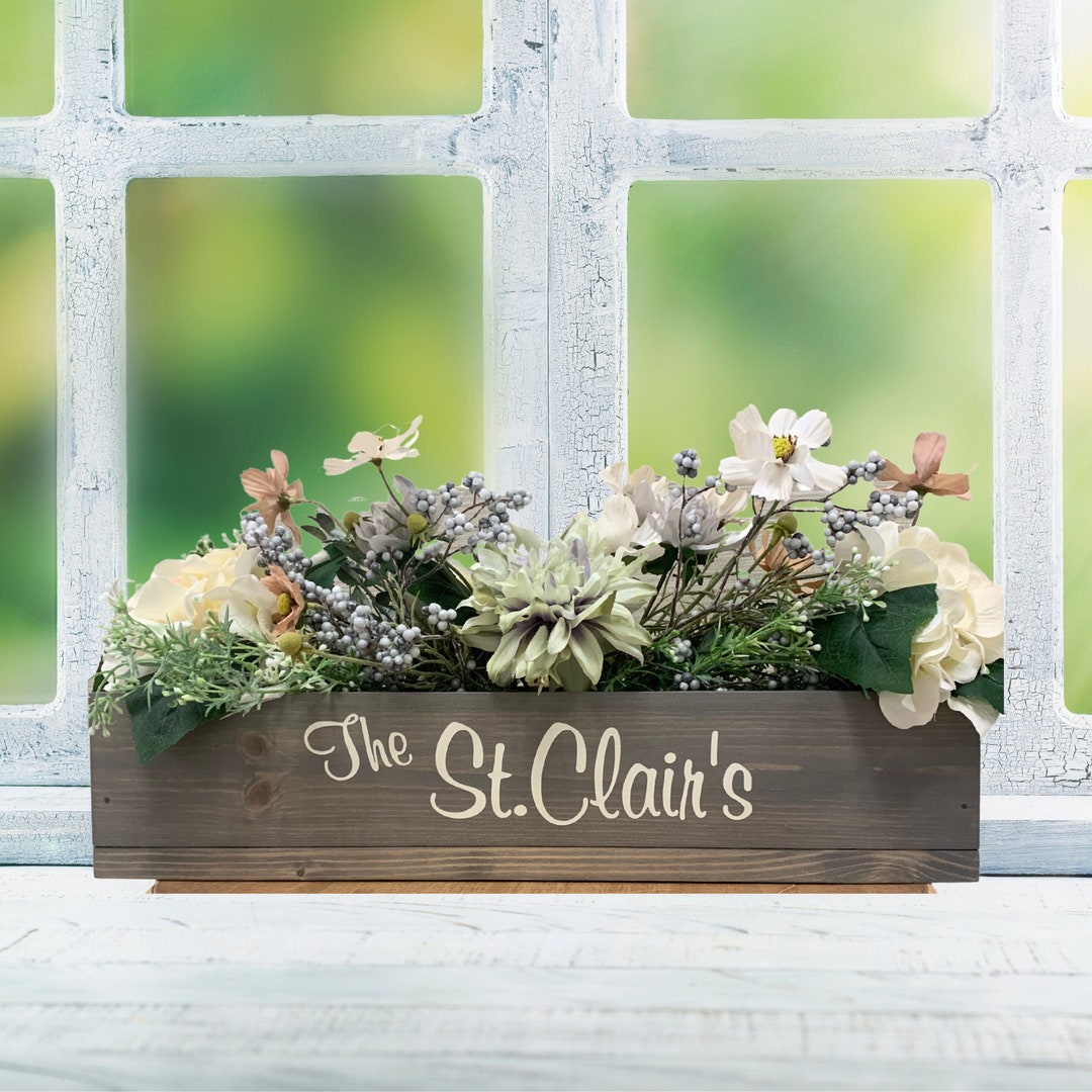 Personalized Farmhouse Planter Box: Gray Stained Wood Centerpiece - Etsy, image size:1080x1080