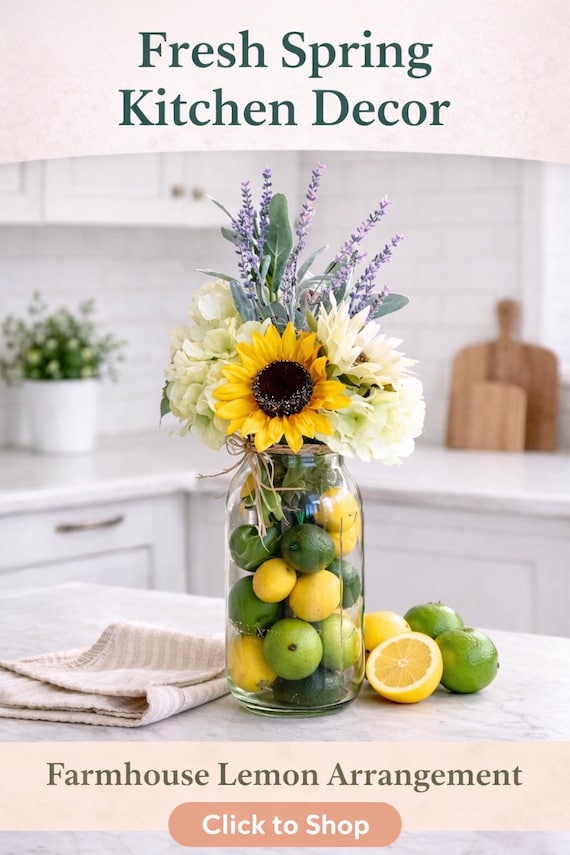 Sunflower Mason Jar Centerpiece, Lemon Kitchen Decor, Farmhouse Summer Table Decor