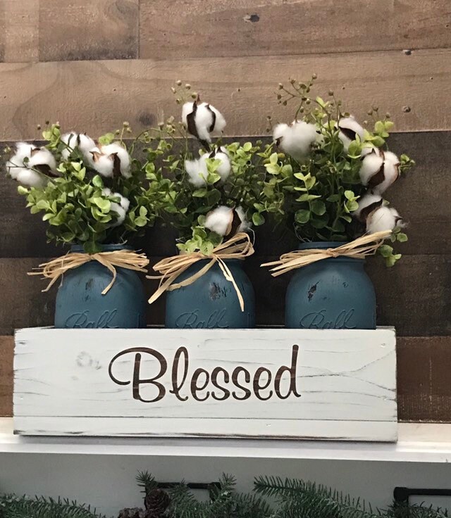 Mason Jar Centerpieces with Boxwood and Cotton Fall Decor