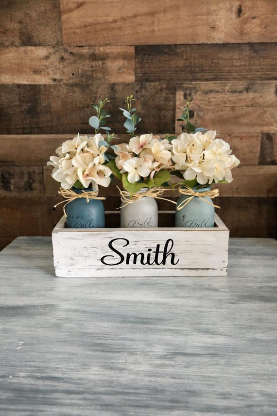 Personalized Farmhouse Centerpiece Box | Rustic Mason Jar Floral Decor