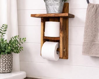 Rustic Wood Toilet Paper Holder with Shelf, Farmhouse Bathroom Storage Organizer