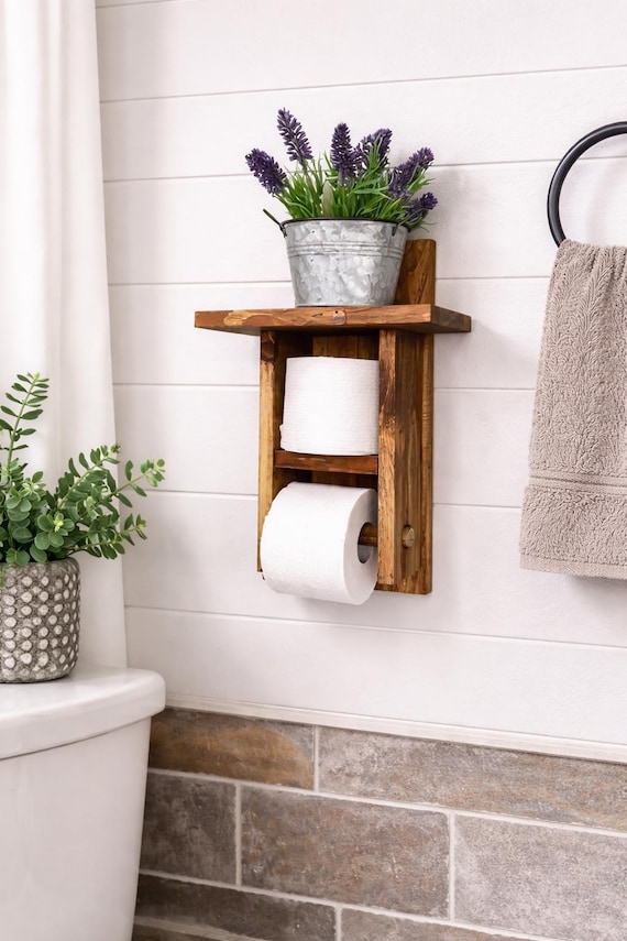 Rustic Wood Toilet Paper Holder with Shelf, Farmhouse Bathroom Storage Organizer