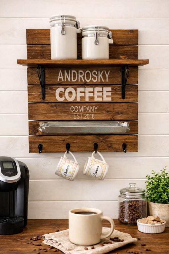 Personalized Coffee Bar Sign | Rustic Farmhouse Coffee Station with Mug Hooks