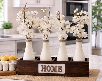 Rustic Wood Box Centerpiece, Hand-Painted Bottles, Cherry Blossom Stems, Farmhouse Decor