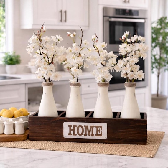 Rustic Wood Box Centerpiece, Hand-Painted Bottles, Cherry Blossom Stems, Farmhouse Decor