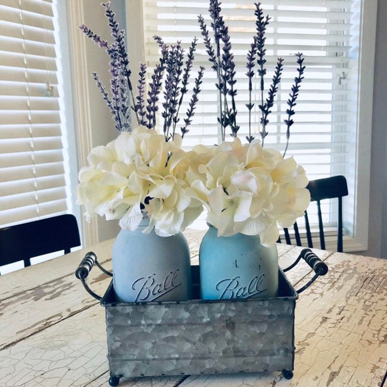 Hydrangeas in Painted Mason Jars With Metal Tray / Gift for Etsy