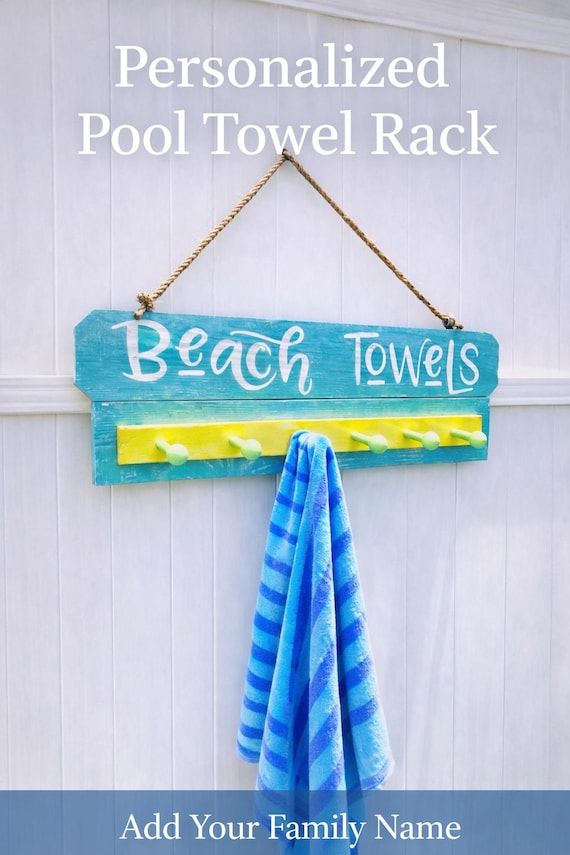 Personalized Pool Towel Rack, Outdoor Towel Holder, Beach House Decor, Custom Name Sign, Poolside Storage
