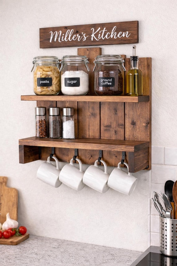 Coffee Bar Shelf with Mug Hooks, Rustic Farmhouse Wall Shelf, Kitchen Coffee Station