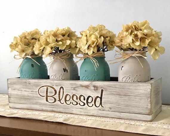 Table Centerpiece Farmhouse Floral Arrangements in Personalized Planter Wood Box