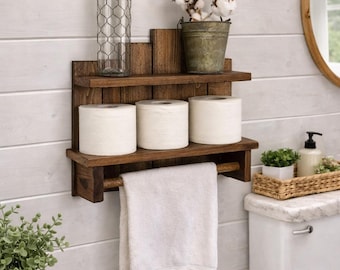 Bathroom Shelf with Towel Bar, Farmhouse Wall Shelf, Toilet Paper Holder, Rustic Wood Storage