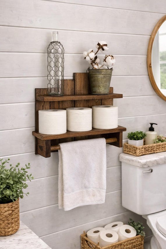 Bathroom Shelf with Towel Bar, Farmhouse Wall Shelf, Toilet Paper Holder, Rustic Wood Storage