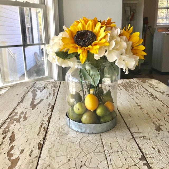 Sunflower, Farmhouse Decor, Rustic Kitchen, Glass Jar, With Lemons And  Pears, For A Farmhouse, Table Arrangement For Spring Or Summer Decor