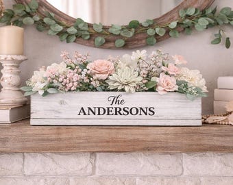 Personalized Farmhouse Centerpiece Box, Custom Family Name Decor, Floral Arrangement