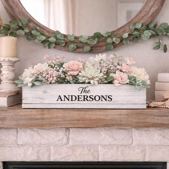 Personalized Farmhouse Centerpiece Box, Custom Family Name Decor, Floral Arrangement