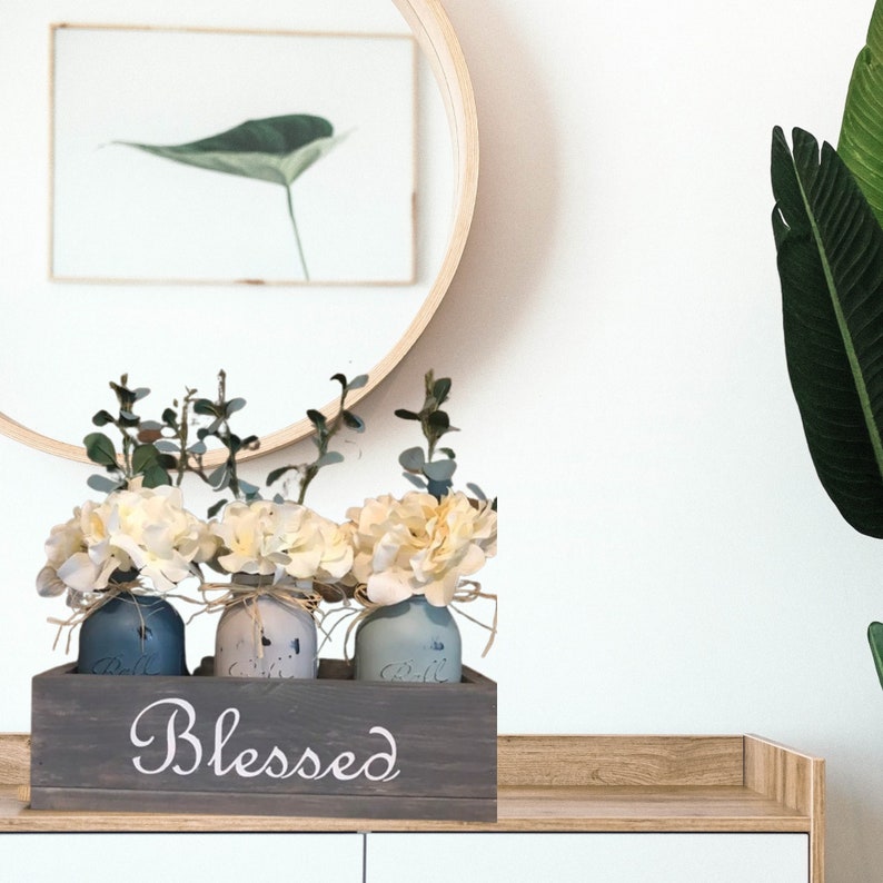 Farmhouse Dining Table Centerpiece, Rustic Home Decor, Mason Jar Centerpiece, Hydrangeas Home Decor, Modern Living Room Coffee Table image 2