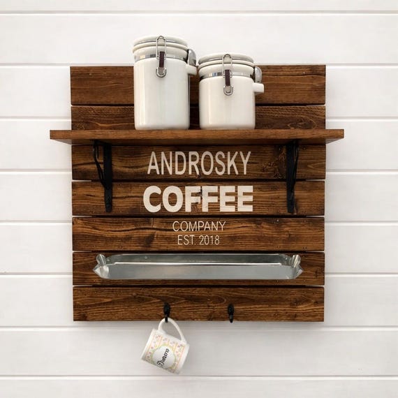 Personalized Coffee Bar Shelf with Hooks | Rustic Farmhouse Decor