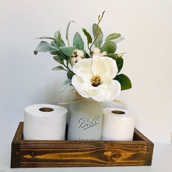 Wood Tray for Bathroom Storage, Kitchen Storage, Living Room Rustic Coffee Table Decor Comes with Painted Glass Jar with Flower
