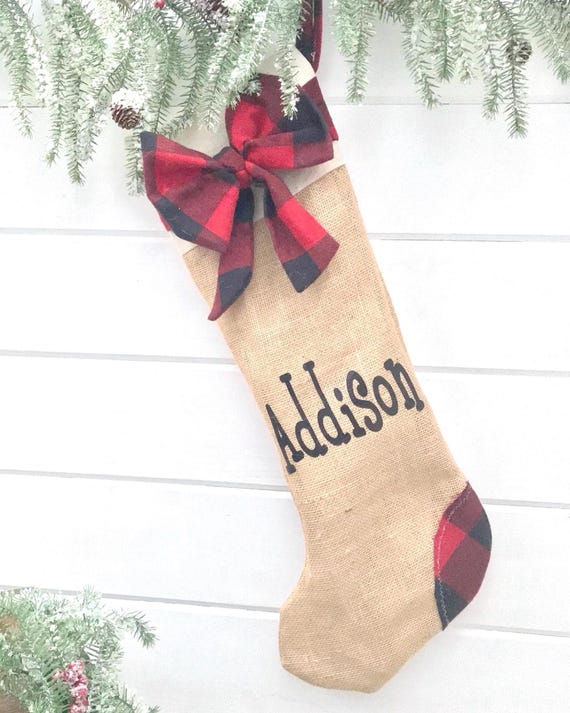 Personalized Burlap Christmas Stocking, Rustic Farmhouse Holiday Decor, Plaid Cuff Name Stocking