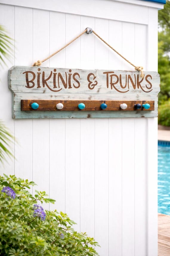 Personalized Pool Towel Rack, Outdoor Towel Holder, Beach House Decor, Custom Family Name Sign, Poolside Storage