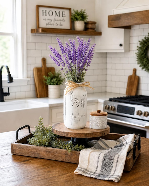 Distressed White Mason Jar Lavender Arrangement, Farmhouse Kitchen Decor
