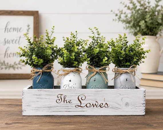 Personalized Mason Jar Centerpiece Box, Farmhouse Table Decor, Rustic Wood Box With Jars