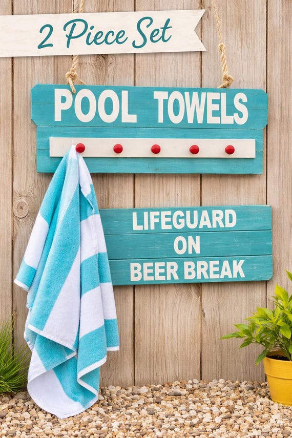 Personalized Pool Towel Rack – Handmade Outdoor Towel Holder – Custom Pool Sign with Hooks – Patio & Pool Decor