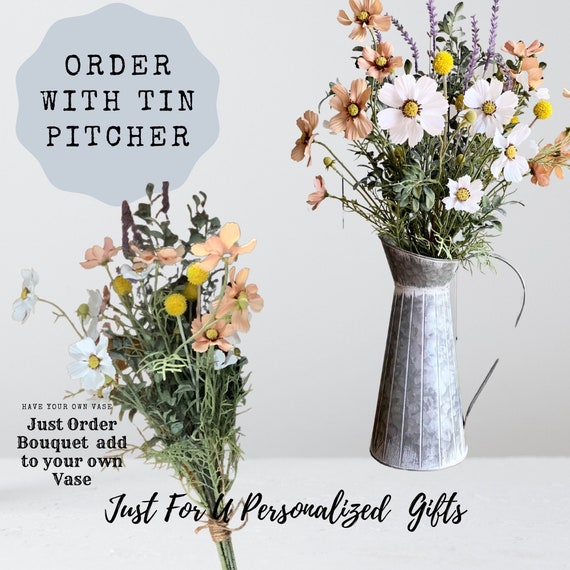 Handmade Gift for Her Country Minimalist Table Centerpiece: Floral Bouquet with Optional Farmhouse Tin Pitcher - Perfect Home Decor