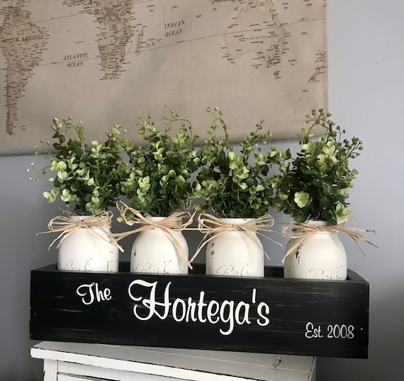 Personalized Home Decor for her a artificial greenery arrangement in a custom handmade wood planter box with four painted jars