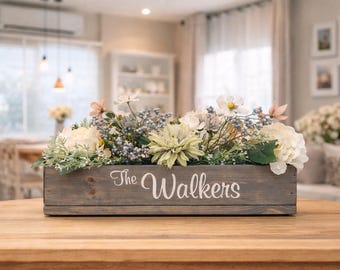 Personalized Farmhouse Floral Arrangement: Custom Wood Tray Centerpiece