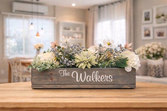 Personalized Farmhouse Floral Arrangement: Custom Wood Tray Centerpiece