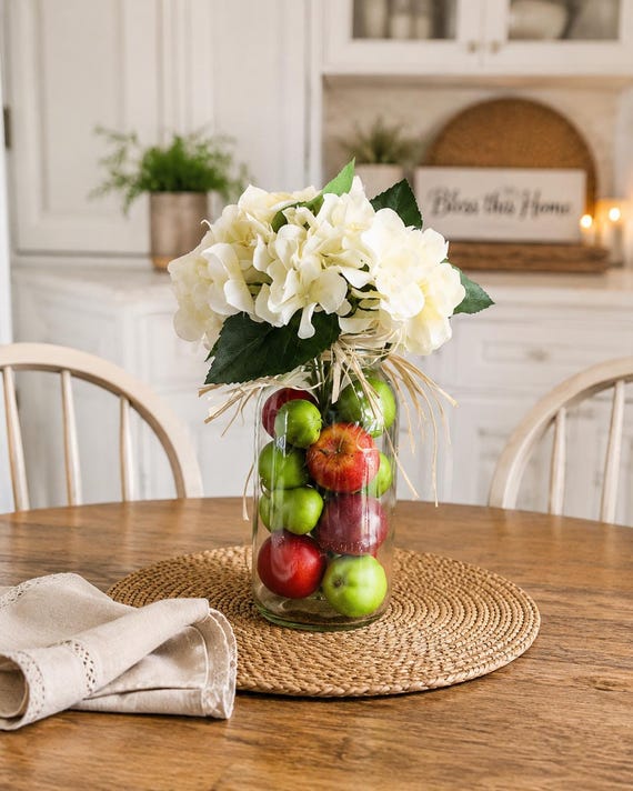 Hydrangea Apple Mason Jar Centerpiece, Farmhouse Kitchen Decor, Rustic Table Decor