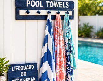 Personalized Pool Towel Rack and Sign, Custom Outdoor Towel Holder, Poolside Decor