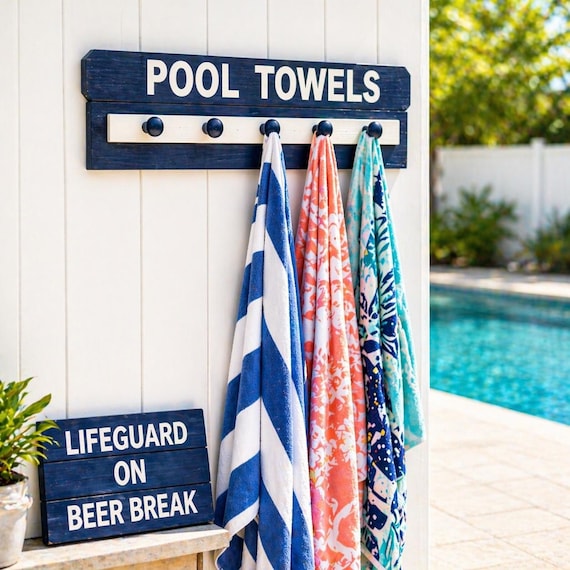 Personalized Pool Towel Rack and Sign, Custom Outdoor Towel Holder, Poolside Decor
