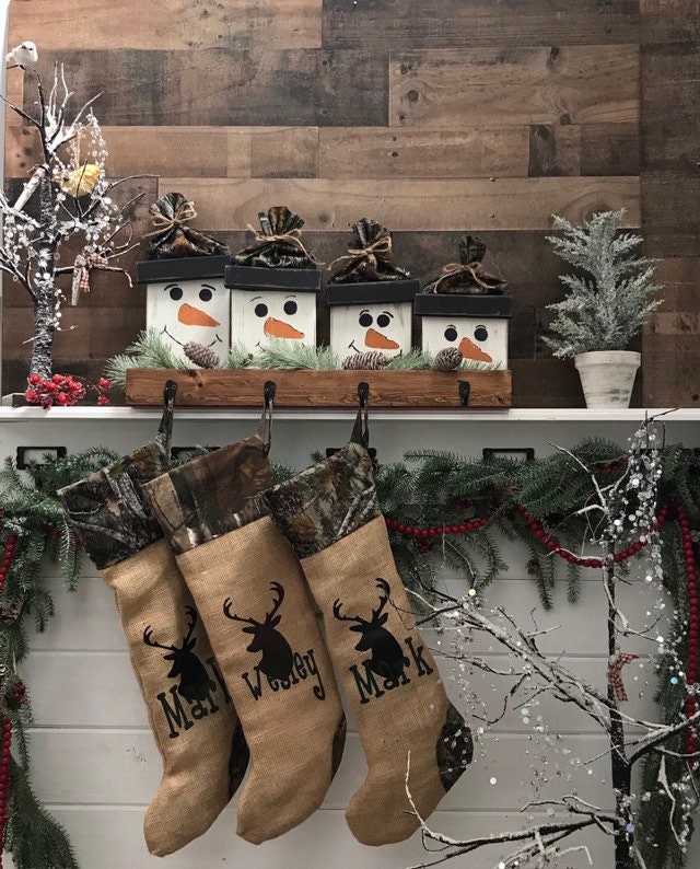 Christmas Holiday Stocking Camo Burlap Trim Antlers Hunting Lodge Cabin 