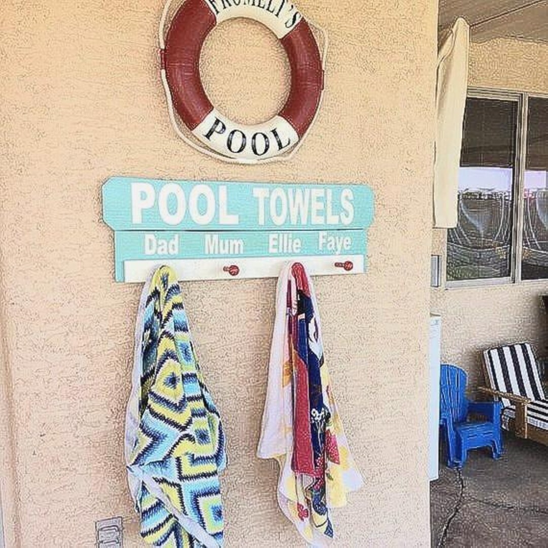 Personalized Poolside Towel Rack: Handmade Wood Sign With