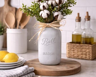 Cotton Mason Jar Arrangement, Painted Jar Shelf Decor, Neutral Kitchen Centerpiece
