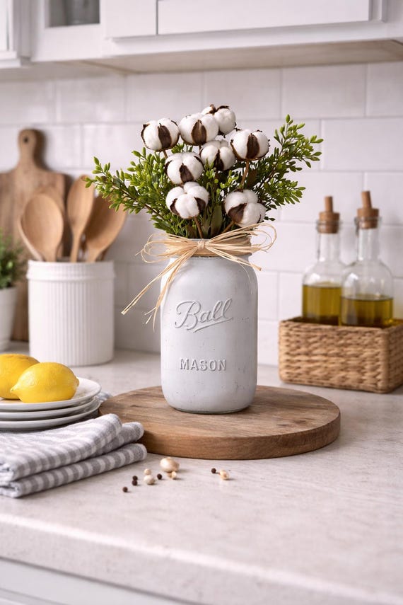 Farmhouse Cotton Arrangement in Painted Mason Jar, Rustic Kitchen Decor