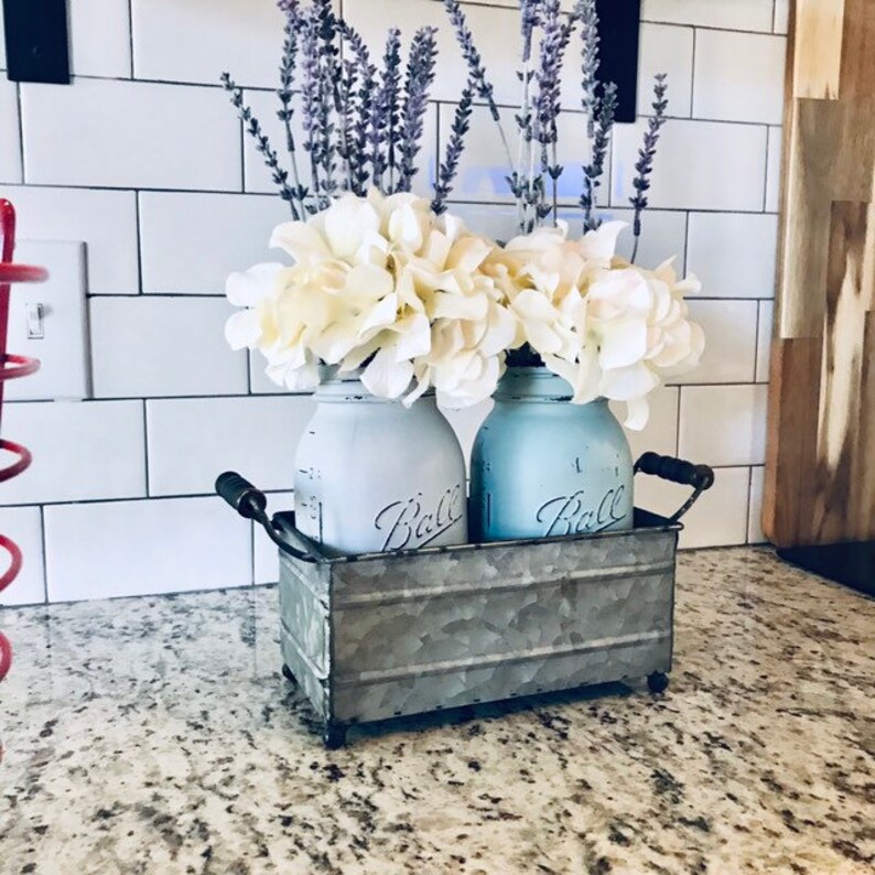 Hydrangeas in Painted Mason Jars With Metal Tray / Gift for Etsy