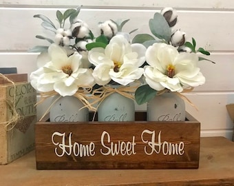 Personalized Magnolia and Cotton Flower Box with Hand-Painted Jars - Farmhouse, Modern, or Traditional Decor - Thoughtful Gift Idea