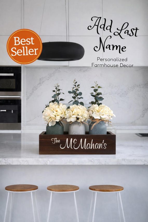 Personalized Mason Jar Centerpiece, Farmhouse Hydrangea Arrangement, Custom Last Name Decor