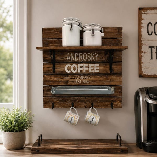 Farmhouse Coffee Bar Sign with Shelf, Personalized Mug Rack, Rustic Kitchen Coffee Decor