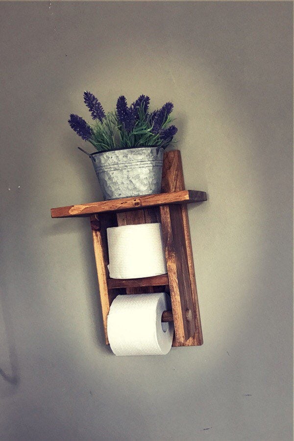 Toilet Paper Holder With Shelf, Rustic Distressed, Farmhouse