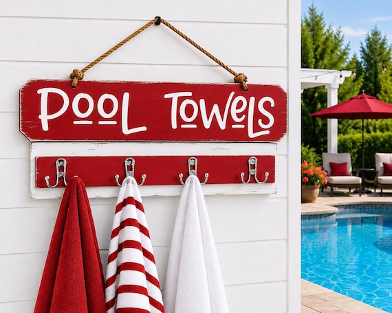 Personalized Pool Towel Rack, Custom Pool Sign with Hooks, Outdoor Towel Holder