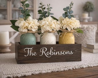Personalized Hydrangea Centerpiece Box, Mason Jar Farmhouse Decor, Family Name Gift