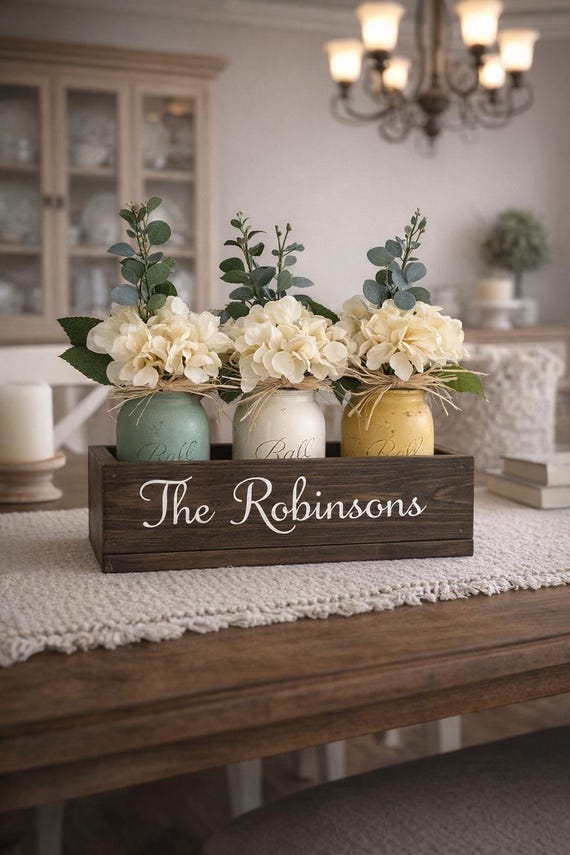 Personalized Hydrangea Centerpiece Box, Mason Jar Farmhouse Decor, Family Name Gift