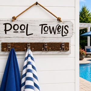 Personalized Pool Towel Rack with Hooks, Outdoor Towel Holder, Poolside Decor