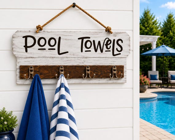 Personalized Pool Towel Rack with Hooks, Outdoor Towel Holder, Poolside Decor