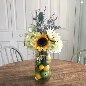 Table Vase of Artificial Flowers Kitchen Table Decor Mason Jar Filled with Hydrangeas and Sunflower Arrangement Farmhouse Decorw