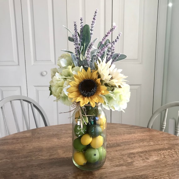 Table Vase of Artificial Flowers Kitchen Table Decor Mason Jar Filled with Hydrangeas and Sunflower Arrangement Farmhouse Decorw